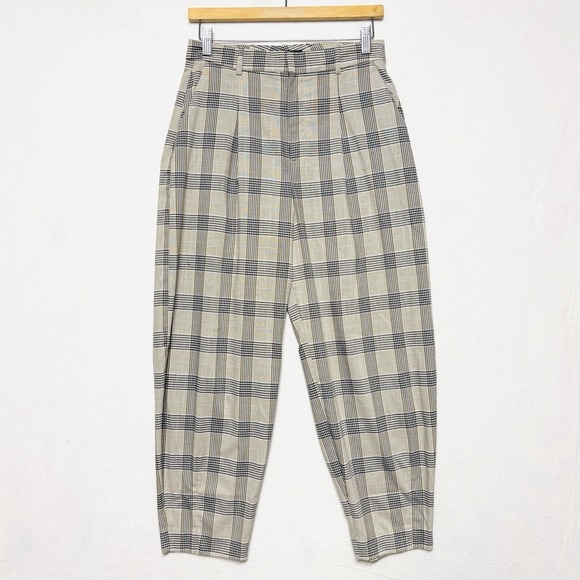 ZARA Plaid Pants Pleated High Rise Tapered Crop‎ Trousers Womens Size Medium Tan - Picture 1 of 14